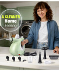 Hella Badass Handheld Steam Cleaner With 3 Bar High Pressure And 11 Piece Chemical Free Kit displayed on kitchen counter.