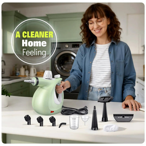 Hella Badass Handheld Steam Cleaner With 3 Bar High Pressure And 11 Piece Chemical Free Kit displayed on kitchen counter.