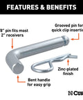 Trailer Hitch Pin And Clip With Grooved Head For Easy Installation Five Eighths Inch Diameter Fits Two Inch Receiver Ergonomic Design For Quick No Fuss Use And Durable Trailer Accessory, zinc finish and bent handle.