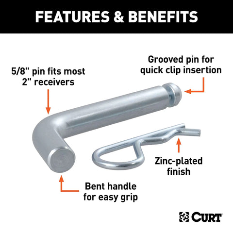 Trailer Hitch Pin And Clip With Grooved Head For Easy Installation Five Eighths Inch Diameter Fits Two Inch Receiver Ergonomic Design For Quick No Fuss Use And Durable Trailer Accessory, zinc finish and bent handle.