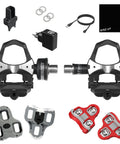 Single Sensing Left Pedal Power Meter for Road Bikes With Bluetooth and ANT Plus Connectivity showing pedals and accessories