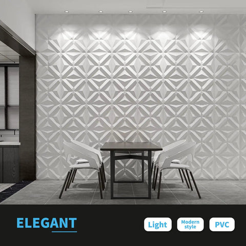 Diamond Pattern 3D Wall Panels PVC White Pack Of 12 Tiles Covering 32 Sq Ft Lightweight Fire Resistant in modern dining room