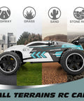 Kids RC Car 1 To 18 Scale Offroad Buggy With 2.4GHz Remote, shown on diverse terrains: highway, grass, sand, stone road.