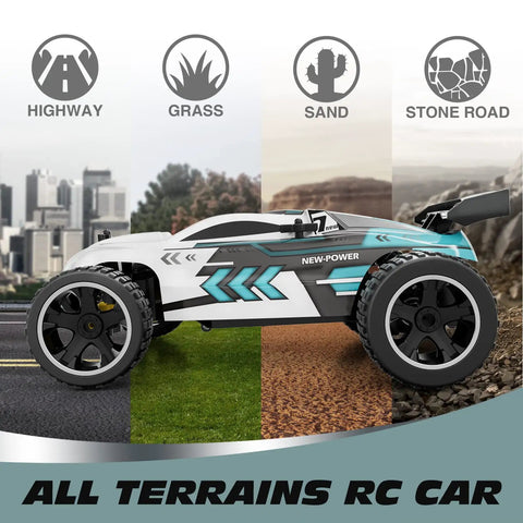 Kids RC Car 1 To 18 Scale Offroad Buggy With 2.4GHz Remote, shown on diverse terrains: highway, grass, sand, stone road.