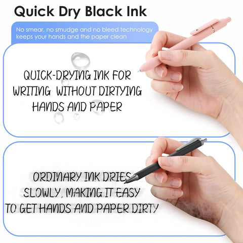 Comparison of quick-dry and ordinary inks with hands holding 7 Pack 0.5mm Quick Dry Gel Pens With Fine Point Smooth Writing Black Ink