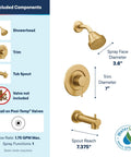Super Sleek Brushed Gold Tub And Shower Trim Kit Featuring Smooth Pressure Balancing Controls And Water Saving Efficiency, components included.