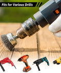 Budget Friendly 21 Piece Wire Brush Drill Set With Abrasive Wheels Cups And End Brushes For Quarter Inch Hex Shank Coarse Crimped Carbon Steel Attachments For Deburring Rust Removal Surface Prep And DIY Home Projects in use with various drills.