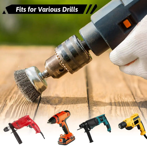 Budget Friendly 21 Piece Wire Brush Drill Set With Abrasive Wheels Cups And End Brushes For Quarter Inch Hex Shank Coarse Crimped Carbon Steel Attachments For Deburring Rust Removal Surface Prep And DIY Home Projects in use with various drills.