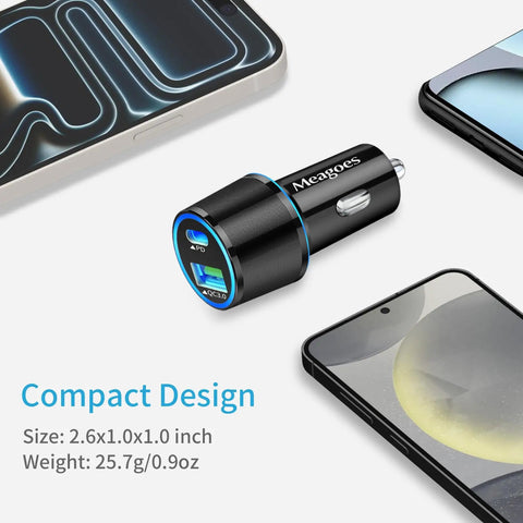 Compact design of 45W PD USB C Car Charger With QC3 Dual 12V Lighter Ports And Three Foot Type C Cable Fast Charge For iPhone