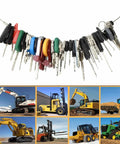 48 Piece Heavy Equipment Key Set For Excavators, Loaders, Forklifts, Dozers, Skid Steers And More displayed with machinery images