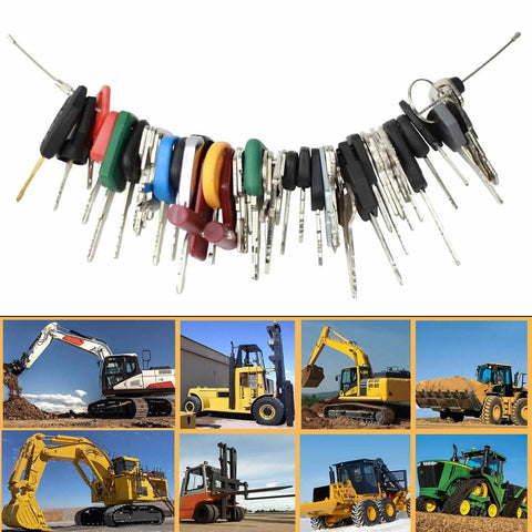 48 Piece Heavy Equipment Key Set For Excavators, Loaders, Forklifts, Dozers, Skid Steers And More displayed with machinery images