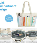 Waterproof Beach Tote For Women With Large Capacity Foldable Sandproof Design Rainbow Stripe Front Pockets and Compartment View