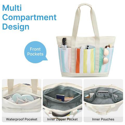 Waterproof Beach Tote For Women With Large Capacity Foldable Sandproof Design Rainbow Stripe Front Pockets and Compartment View