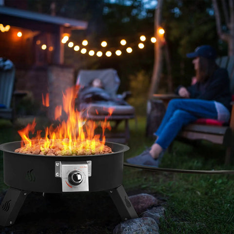 19 Inch Portable Propane Fire Pit With 58,000 BTU Auto Ignition Smokeless Gas Firebowl in use at nighttime campfire scene