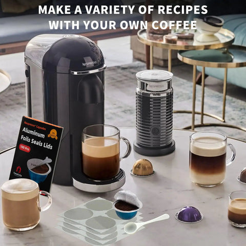 Universal Aluminum Foil Seal Lids For Nespresso Vertuo Pods, 100 Pack displayed with coffee machine and pod covers.