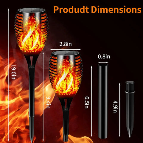 Solar Torch Light With Waterproof Outdoor Design Dusk To Dawn Auto On Off Flickering Flame Effect In Orange Glow showing dimensions
