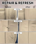 Top Tier Leather Recoloring Balm Plus Deep Color Restorer For Faded Or Split Leather Rapid Dry Beige Repair Compound before and after images of leather repair showing peeling, scratches, and fading.