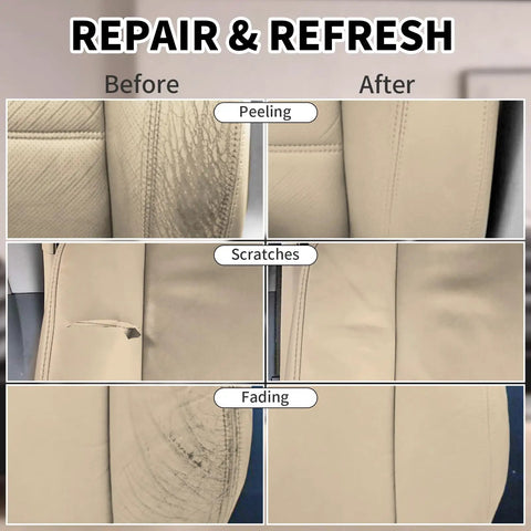 Top Tier Leather Recoloring Balm Plus Deep Color Restorer For Faded Or Split Leather Rapid Dry Beige Repair Compound before and after images of leather repair showing peeling, scratches, and fading.