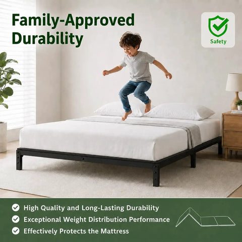Child jumping on a queen size bunkie board mattress support, showcasing its durable design and stability.