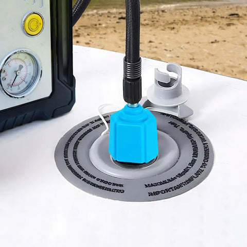 Set Of 6 Inflatable SUP Pump Valve Adapters With Round Sharp Square And Spiral Nozzles For Boards Pools Boats Rings And Floats Easy Fit And Leak Free Inflation For All Your Air Gear blue SUP valve adapter attached to pump on inflatable board