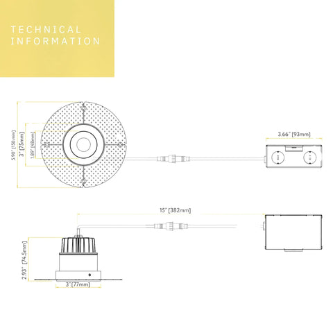 Technical diagram of Trimless 3.5 Inch Round LED Recessed Downlight Luminaire, dimensions and wiring details shown.