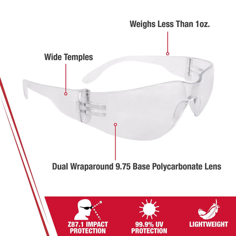 Crystal Clear Wraparound Safety Glasses with Scratch-Resistant Lenses, Ultra Lightweight Under 1 Ounce, distortion-free optics, dual wraparound seal.
