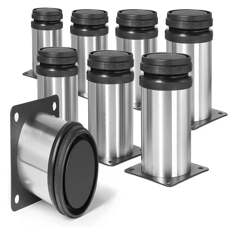 Adjustable Stainless Steel Furniture Legs 4 Pack with screws, shown in stainless steel, for tables, cabinets, and sofas.