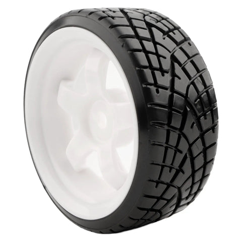1/10 Scale RC Drift Tires With 12mm Hex Hub For On Road Touring Wheels, black slick tire on white rim with tread pattern