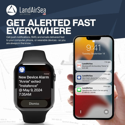 Smartwatch and smartphone displaying alerts for Global Real Time GPS Tracker For Vehicles And Gear With Geofence Alerts Magnetic Mount