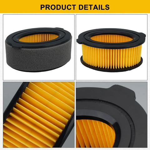Panari air filter 2-pack, round with yellow pleated paper and black plastic rim, front view
Panari air filter 2-pack side view, yellow pleated media with black outer ring
Close-up of yellow pleated filter media with black frame
Edge/mount view showing black mounting lip and yellow pleated filter