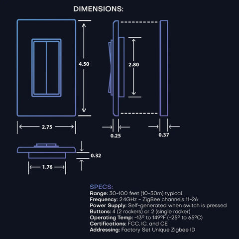 Dimensions and specs for Kinetic Battery-Free Wireless Light Switch For Philips Hue 30ft Range Native Hue Bridge Compatible Wall Mount Decora Style White 2 Pack No Wiring Or Batteries Needed Easy Hue Control.