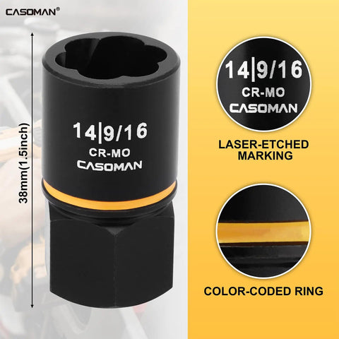 A single socket from the 17-Piece 3/8 Inch Drive Bolt Extraction Socket Set For Stripped Damaged Rusted Frozen Studs Bolts Nuts And Screws In CR-MO Steel With Black Oxide Finish Heavy Duty Impact Ready For Stubborn Fasteners, showing laser-etched markings and color-coded ring.
