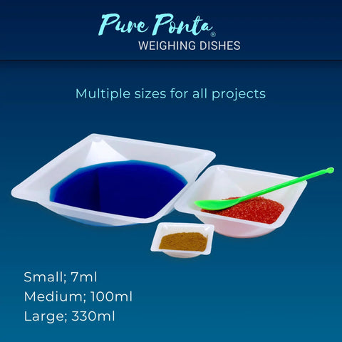 Disposable 330mL Weigh Boats Pack Of 125 Large Plastic Weighing Dishes For Lab Use Food Safe Antistatic Polystyrene Great For Measuring Powders Liquids Supplements And Food Samples With Easy Cleanup. Large white weigh boats with powders and liquid samples