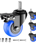 Tough As Nails Heavy Duty Caster Wheels 2 Inch Swivel Type Featuring 800 Pound Capacity And Smooth Rolling Performance For Utility Carts Plus Furniture Upgrades Set Of 4 Noiseless Threaded Stem Casters close-up view with blue wheels and black metal frame.