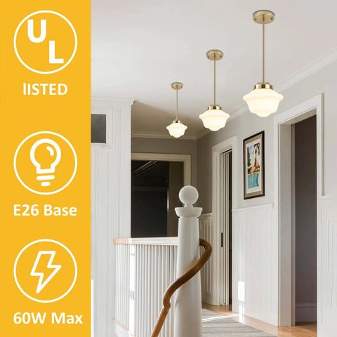 Indoor hallway with three pendant lights, UL listed, E26 base, 60W max capacity, modern ceiling fixtures elegantly illuminate the space.