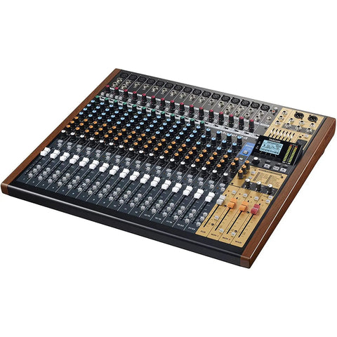 Dope 24 Track Recording Studio Mixer And USB Interface With Onboard EQ And Aux Sends For Your Home Studio Pro Audio Analog Meets Digital Recorder 16 Mic Preamps Easy Surface Controls with angled view.