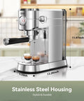 Barista Grade Espresso Machine With Milk Frother For Home Use, 20 Bar Pump, Stainless Steel Build on countertop