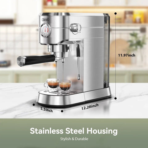 Barista Grade Espresso Machine With Milk Frother For Home Use, 20 Bar Pump, Stainless Steel Build on countertop