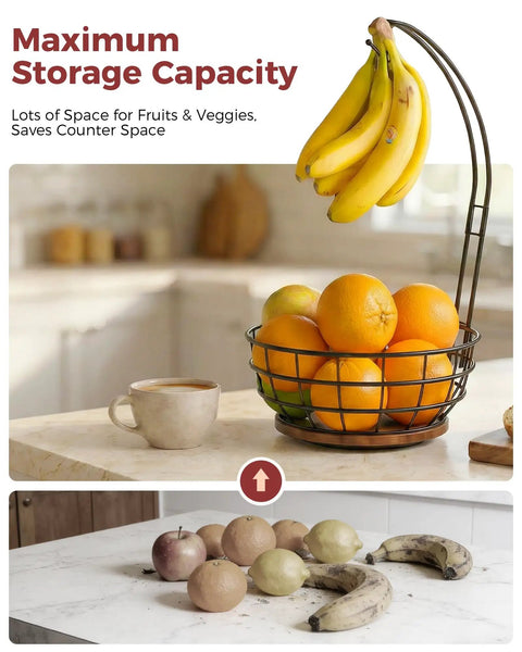 Smooth Spinning 360 Degree Rotating Fruit Bowl With Hefty Capacity Deep Basket And Solid Banana Stand For Kitchen Counter Organization And Absolutely Slick Everyday Utility with bananas and oranges