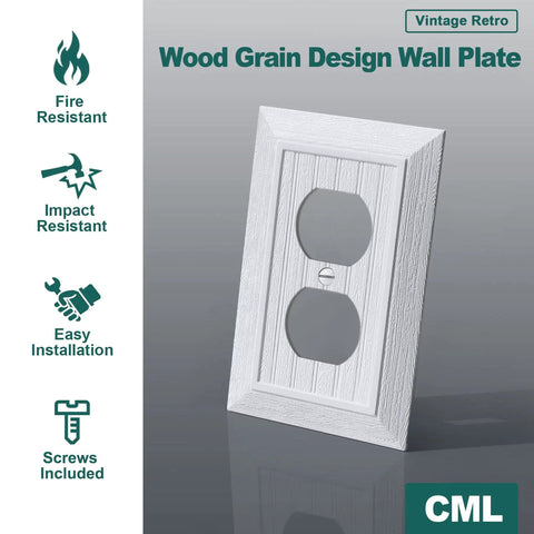 Vintage Wood Grain Beadboard Wall Plate 1 Gang Duplex Outlet Covers White, 10 Pack Retro Switch Plates, impact resistant.