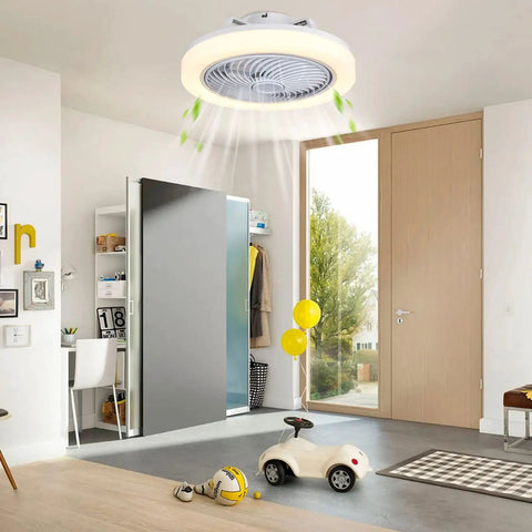 Ceiling Fans With Lights Remote Control 18 Inch Bladeless Modern Flush Mount LED Fan in bright room, white design
