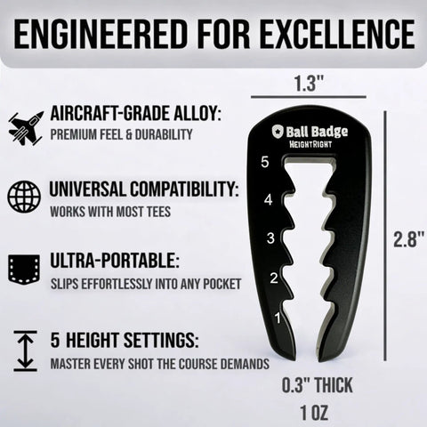 Five Level Adjustable Golf Tee Height Tool For Consistent Tee Heights with dimensions and features detailed in image.