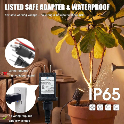 LED Spotlight For Plants And Indoor Outdoor Accent Lighting 12V warm white illuminating potted plant with adapter and stake