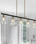 Five-Light Kitchen Island Pendant Lighting In A Dope Modern Black Gold Finish With Globe Clear Glass Shades For Dining Rooms, A Sleek 38 Inch Linear Chandelier That Elevates Your Space With Luxe Minimalism And A Contemporary Vibe overhead view