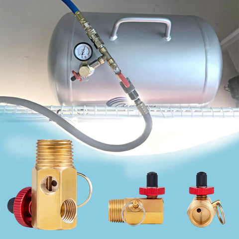 Heavy Duty Shop Tested brass air tank manifold assembly valve with pressure gauge and hose connection.