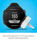 Approach G12 Clip On Golf GPS Rangefinder With 42k Plus Preloaded Courses and club tracking sensor on blue background.
