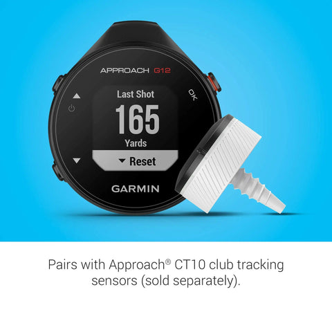 Approach G12 Clip On Golf GPS Rangefinder With 42k Plus Preloaded Courses and club tracking sensor on blue background.