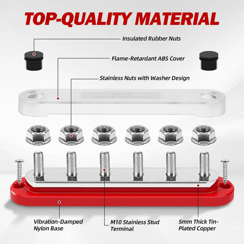 Beefy Marine Grade 300 Amp 12V Bus Bar With 3 Eighth Inch Studs Power Distribution Block With Cover For Boat Battery Wiring Positive And Negative Terminals Automotive And Solar Use Pack Of 2, exploded view