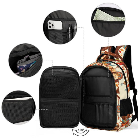 Unisex Vintage Ethnic Floral Tree Pattern Backpack With Large Capacity, Durable Polyester Build, open front showing pockets