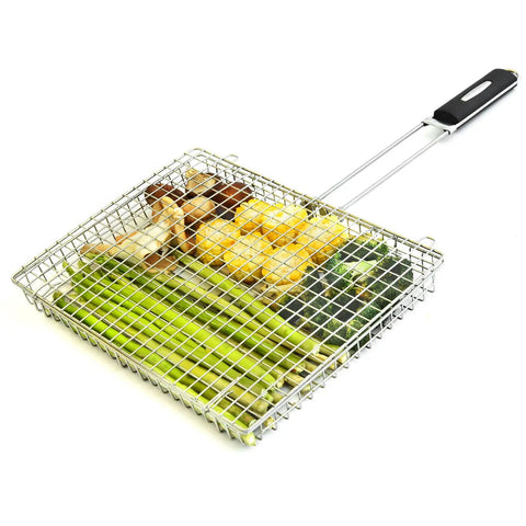 Extra Large Grill Basket For Outdoor Grillin With Detachable Handle, Big Capacity Grill Accessories For Veggies Fish Shrimp And Meats, Barbecue Rack For Camping Cooking And Grillin, Gifts For Men, Easy Cleanup with vegetables inside
